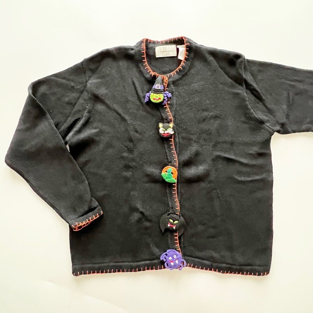 Lemon Grass Halloween Button Black Sweater Cardigan Witch Cat Spider Bat XL
